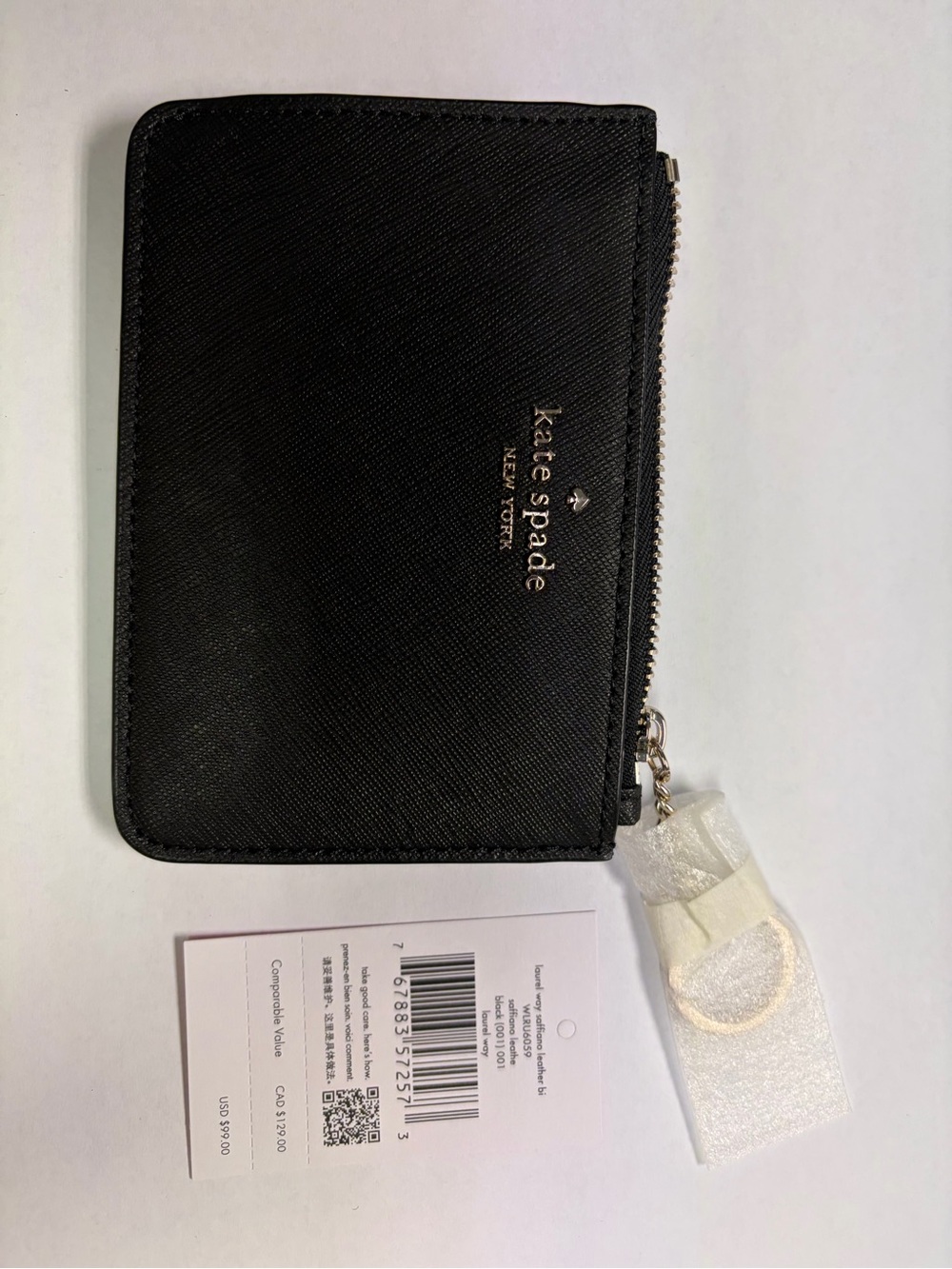 kate spade black saffiano zip card holder with gold logo